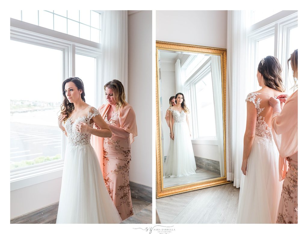 bride gets into gown with family photographed by RI wedding photographer Sara Zarella Photography