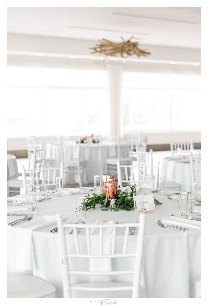 copper and greenery reception details at Newport Rhode Island wedding photographed by wedding photographer Sara Zarella Photography