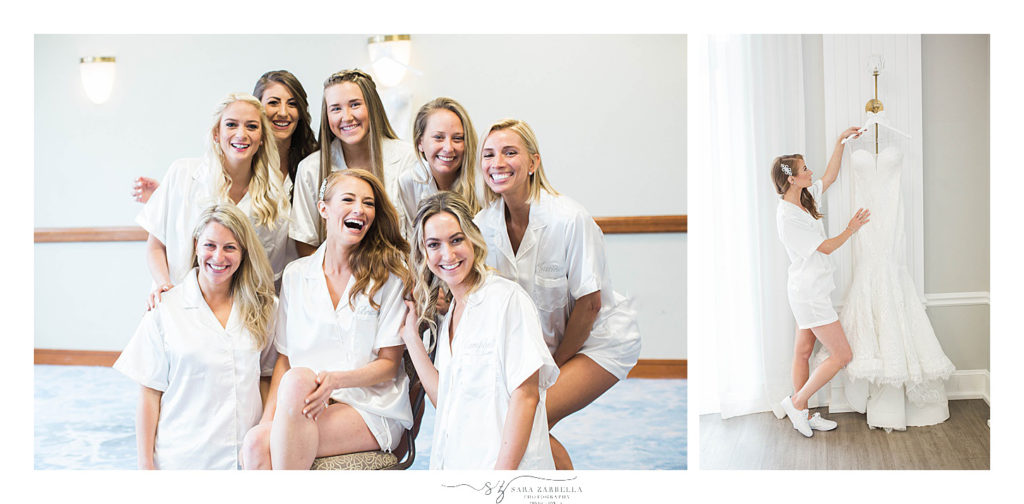 bridesmaids help bride prepare for wedding day at Gurney's Resort photographed by Sara Zarrella Photography