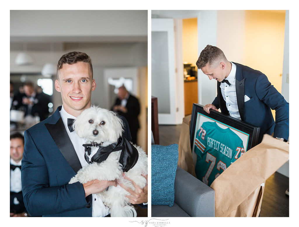 groom prepares for wedding day with his dog photographed by Sara Zarrella Photography