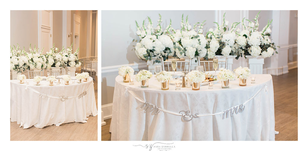 sweetheart table for Gurney's Newport Resort wedding reception photographed by Sara Zarrella Photography