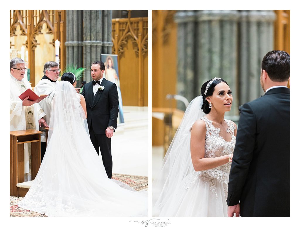 bride and groom exchange vows in traditional wedding ceremony at the Cathedral of Saints Peter and Paul photographed by RI wedding photographer Sara Zarrella Photography