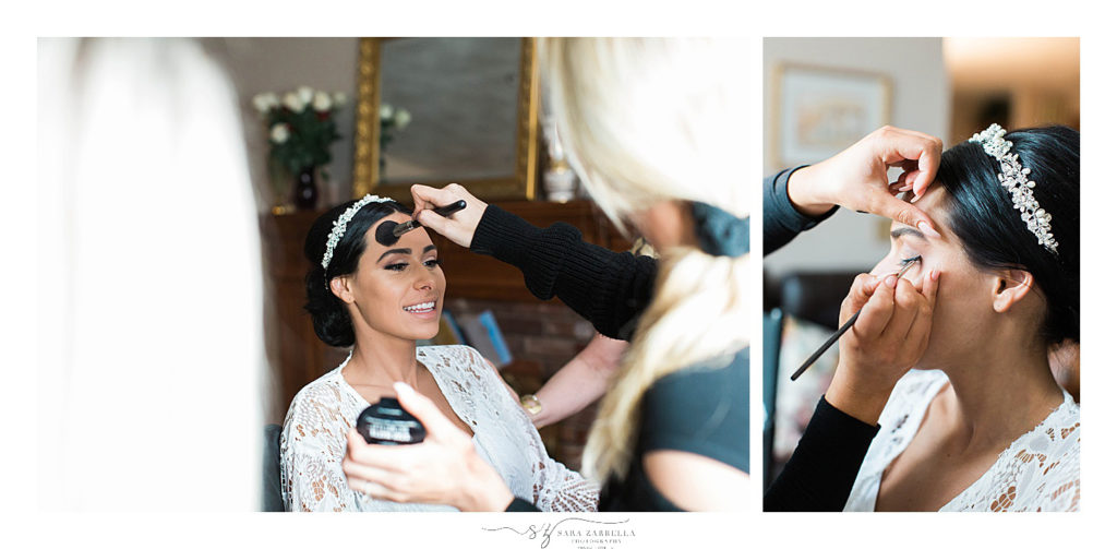 bride gets makeup done before RI wedding day photographed by Sara Zarrella Photography