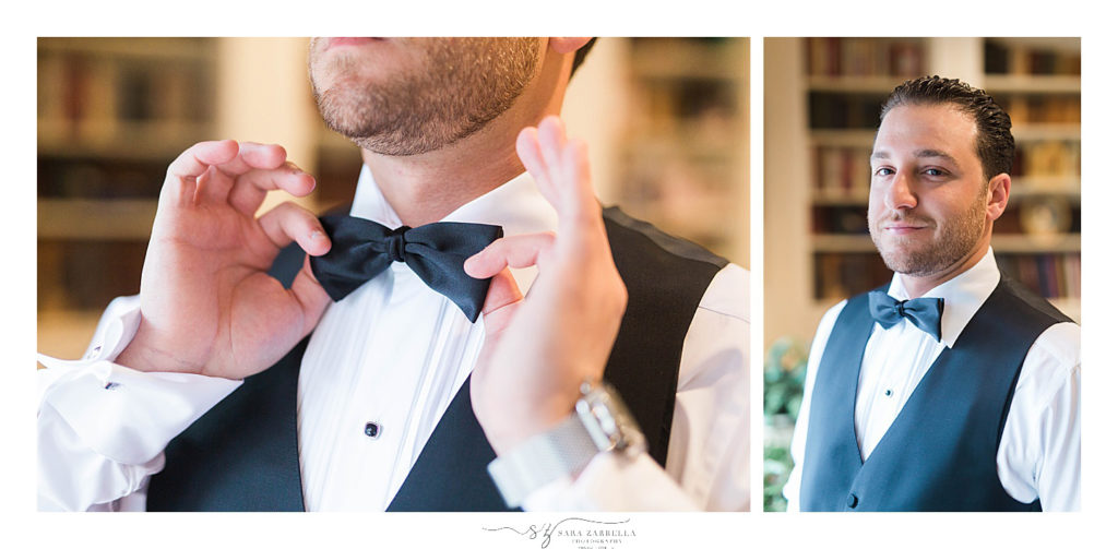 Sara Zarrella Photography photographs groom putting tie on before RI wedding day