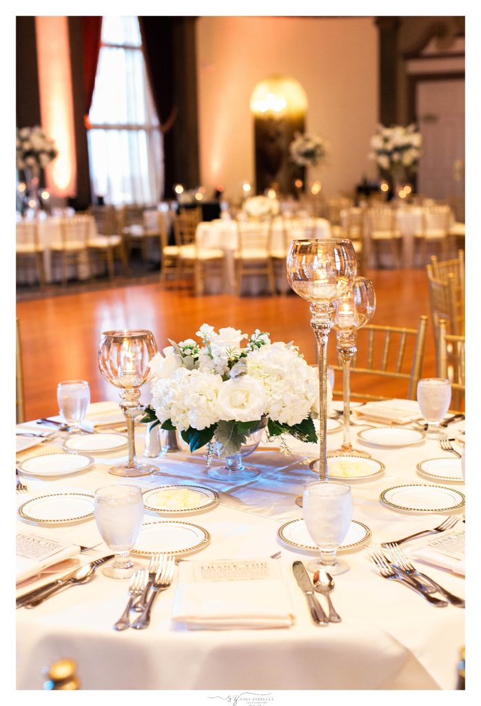 classic wedding reception details photographed by Sara Zarrella Photography at Graduate Providence, formerly Providence Biltmore