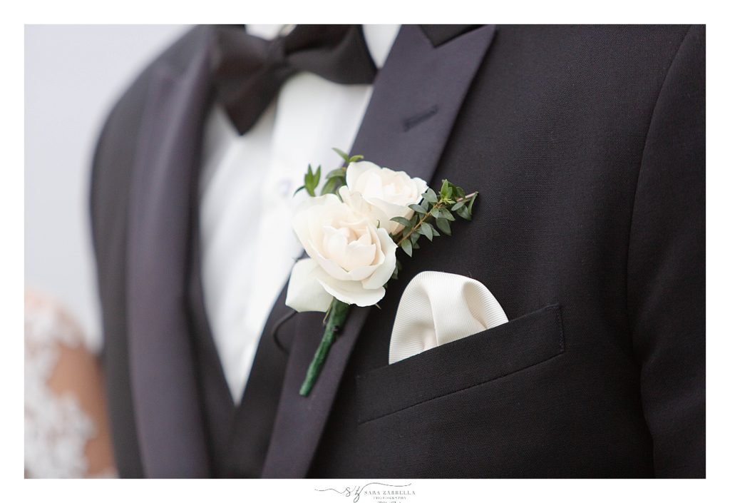 ivory boutonnière for the groom in RI photographed by wedding photographer Sara Zarrella Photography