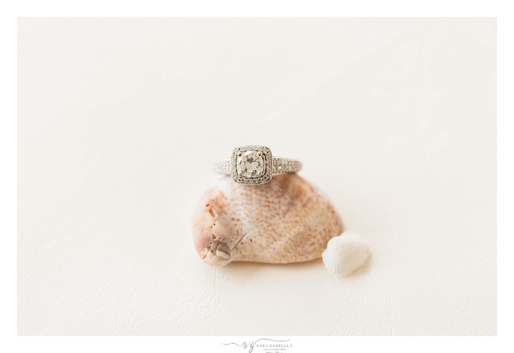 rings on beach shells photographed by RI wedding photographer Sara Zarrella Photography