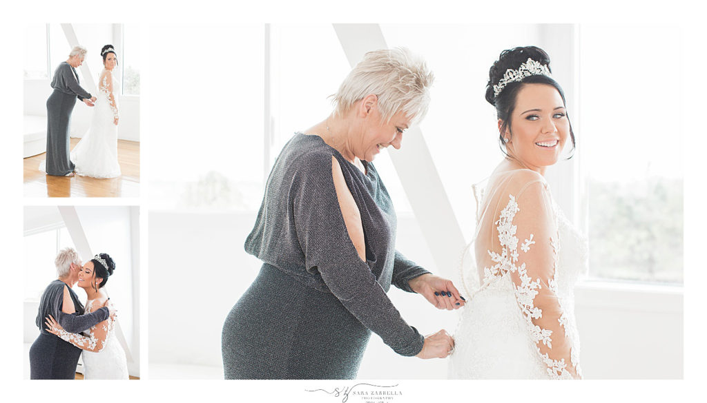 mother gets daughter in gown photographed by wedding photographer Sara Zarrella Photography