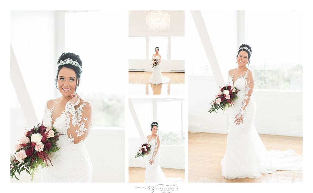 bridal portraits with red rose bouquet by wedding photographer Sara Zarrella Photography