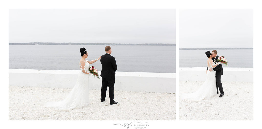 first look between bride and groom on Goat Island with wedding photographer Sara Zarrella Photography