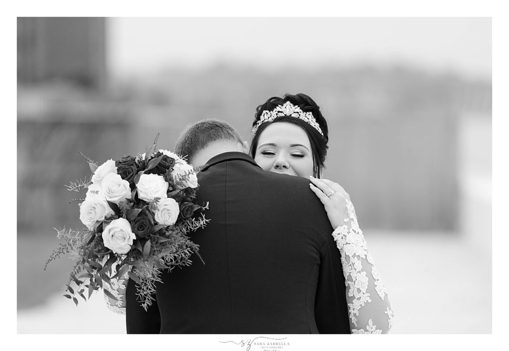 first look on rainy wedding day with wedding photographer Sara Zarrella Photography