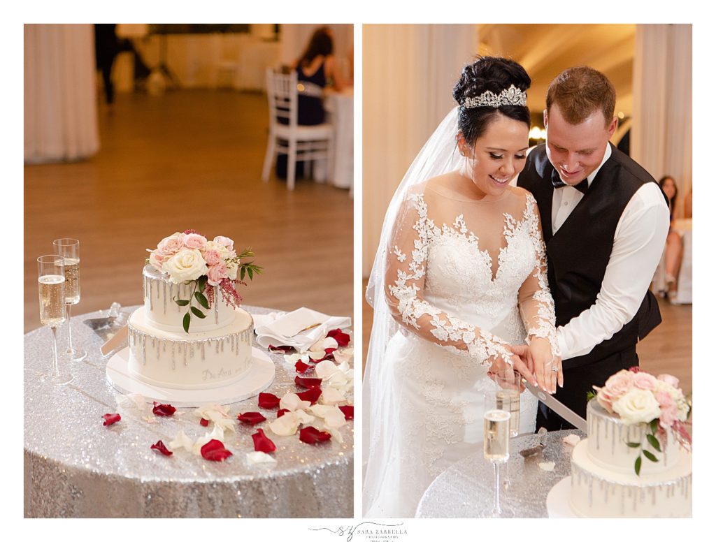 bride and groom cut wedding cake photographed by wedding photographer Sara Zarrella Photography