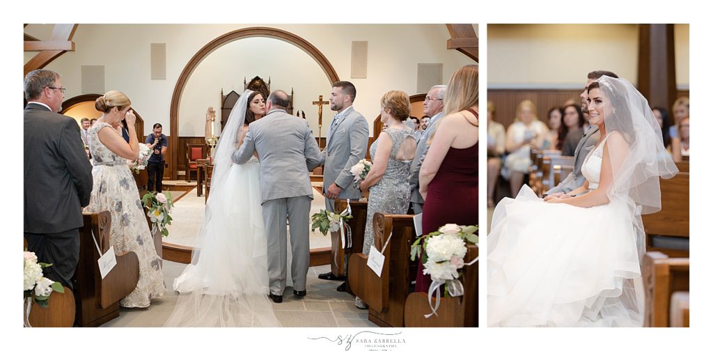 father gives bride away during ceremony at OceanCliff with Sara Zarrella Photography