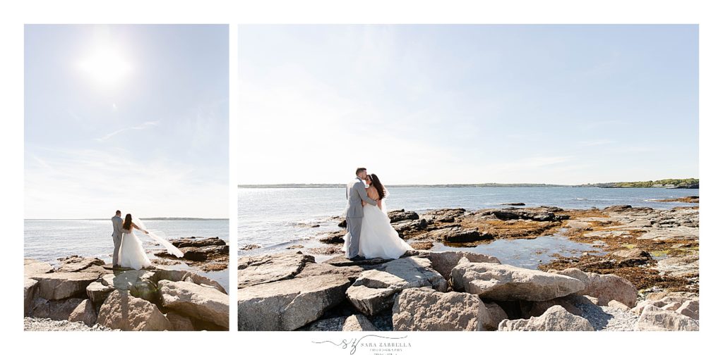 couple poses on beach for wedding portraits wit hSara Zarrella Photography