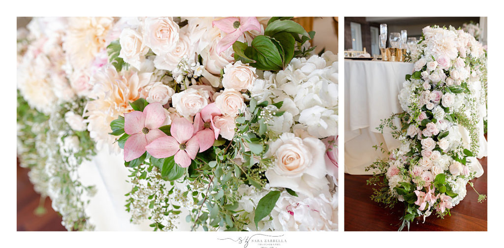 pink and ivory florals for wedding reception photographed by Sara Zarrella Photography