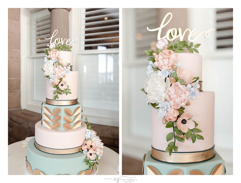 pink, gold, and teal wedding cake photographed by RI wedding photographer Sara Zarrella Photography