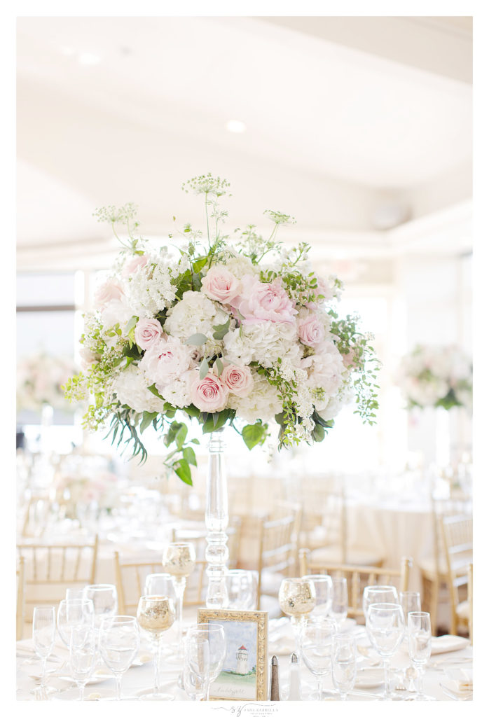 Classic floral centerpieces at OceanCliff wedding reception photographed by Sara Zarrella Photography