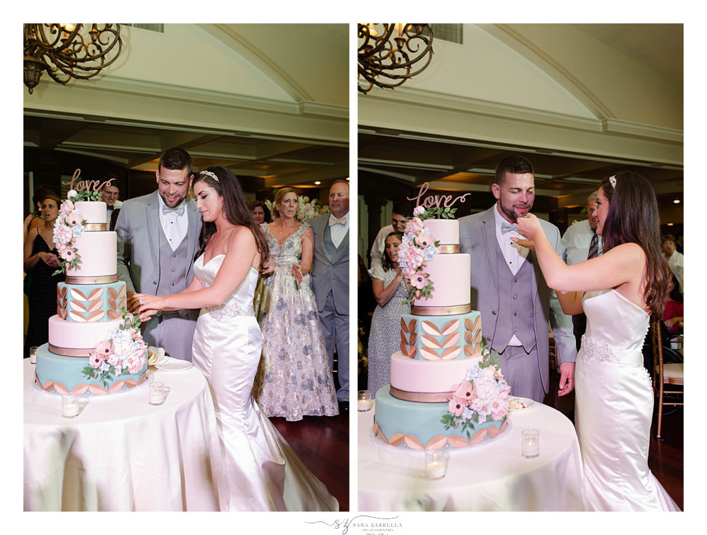 cake cutting at OceanCliff wedding reception photographed by Sara Zarrella Photography