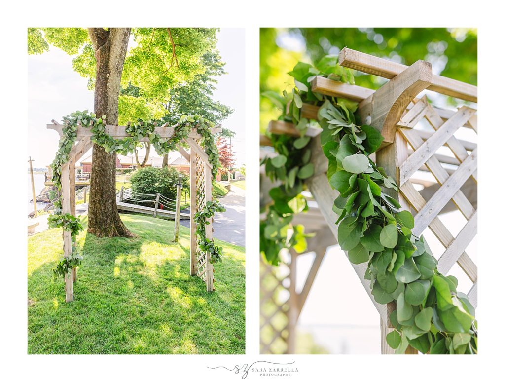 stunning floral arbor for Squantum Association wedding ceremony photographed by Sara Zarrella Photography