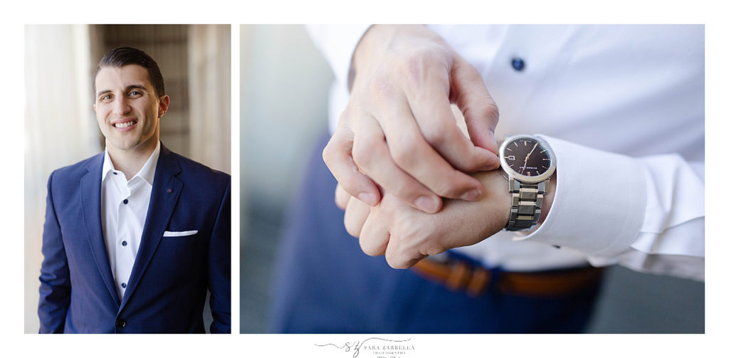 groom wearing navy suit prepares for RI wedding day with Sara Zarrella Photography