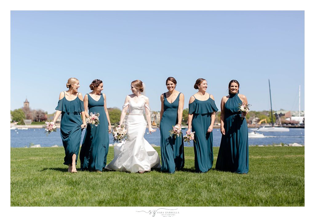 bridal party portraits along waterfront in Newport RI with Sara Zarrella Photography