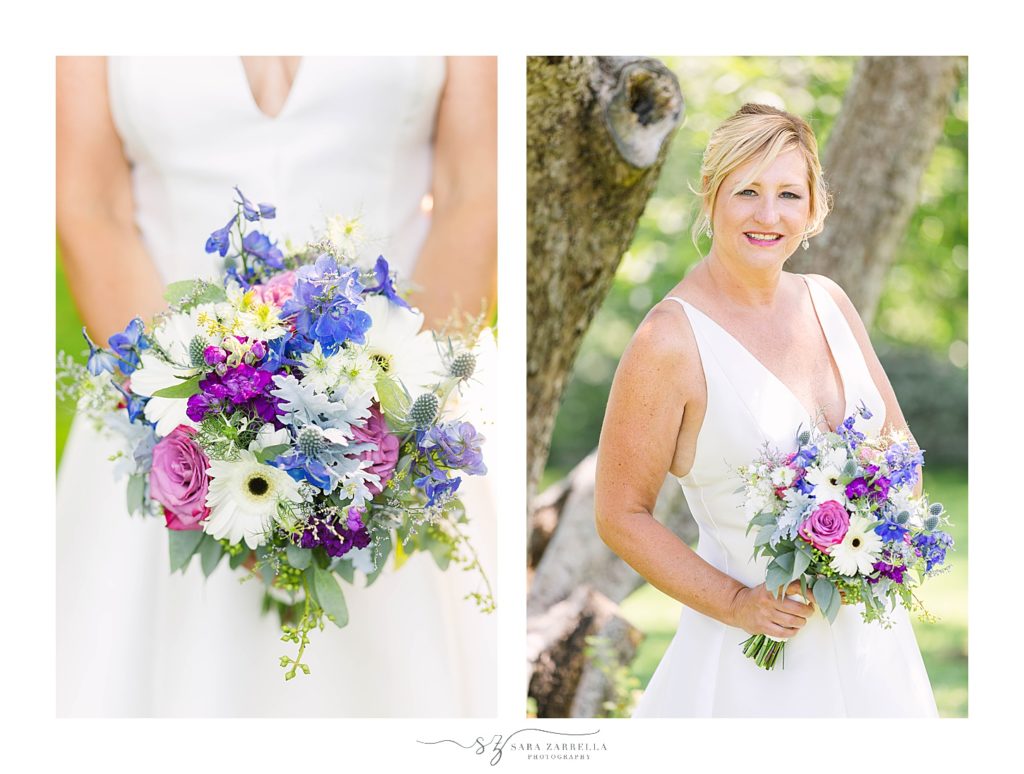 purple and blue wedding flowers for The Chanler at Cliff Walk with Sara Zarrella Photography
