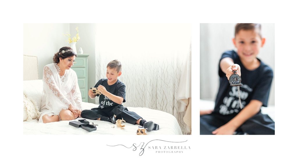 bride gives a gift to son on wedding day with Sara Zarrella Photography
