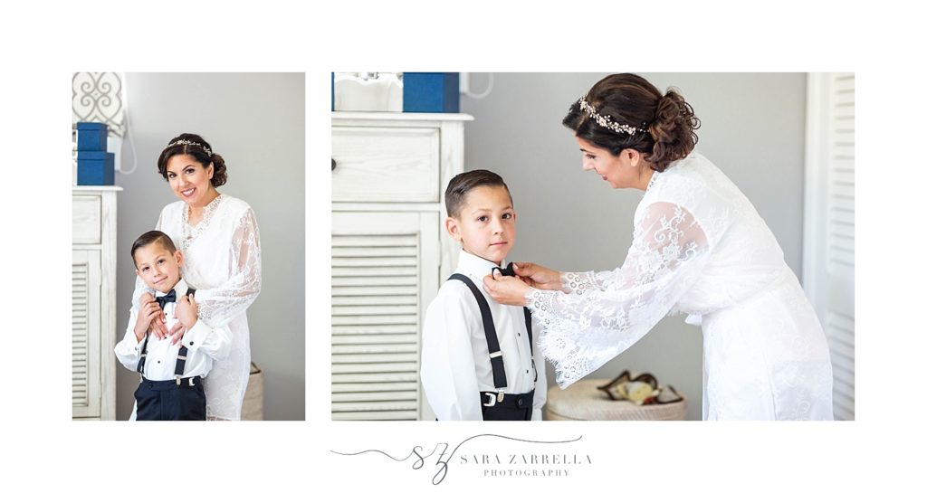 bride helps son get ready on her wedding day at Alpine Country Club with Sara Zarrella Photography