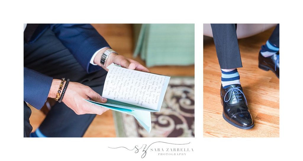 groom reads letter on wedding day in Rhode Island photographed by Sara Zarrella Photography