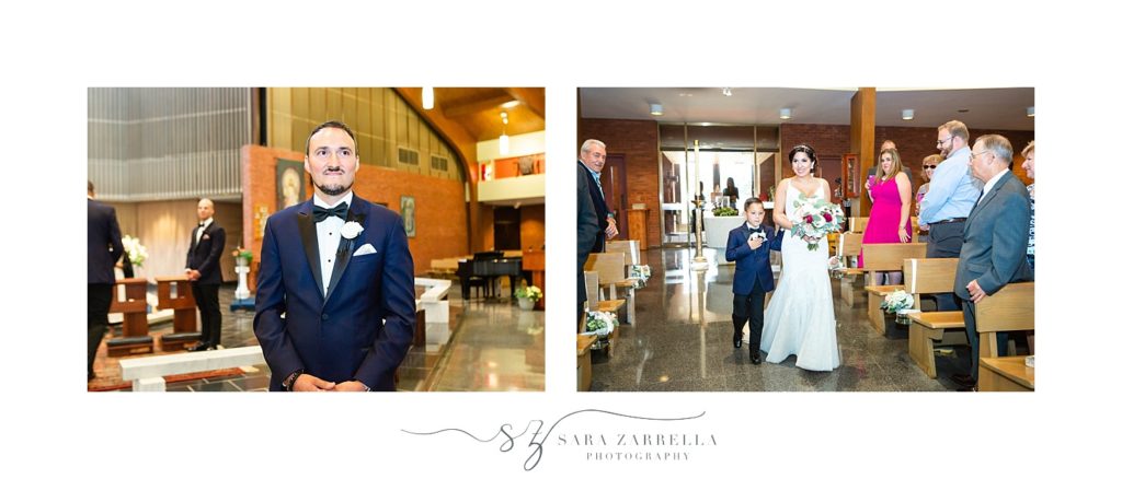 groom watches bride walk down the aisle photographed by Sara Zarrella Photography
