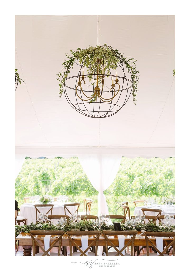 hanging floral installment for RI wedding reception photographed by Sara Zarrella Photography