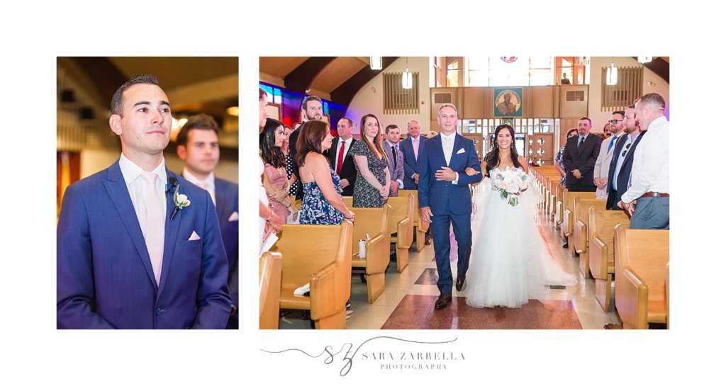 bride enters church with father photographed by Sara Zarrella Photography