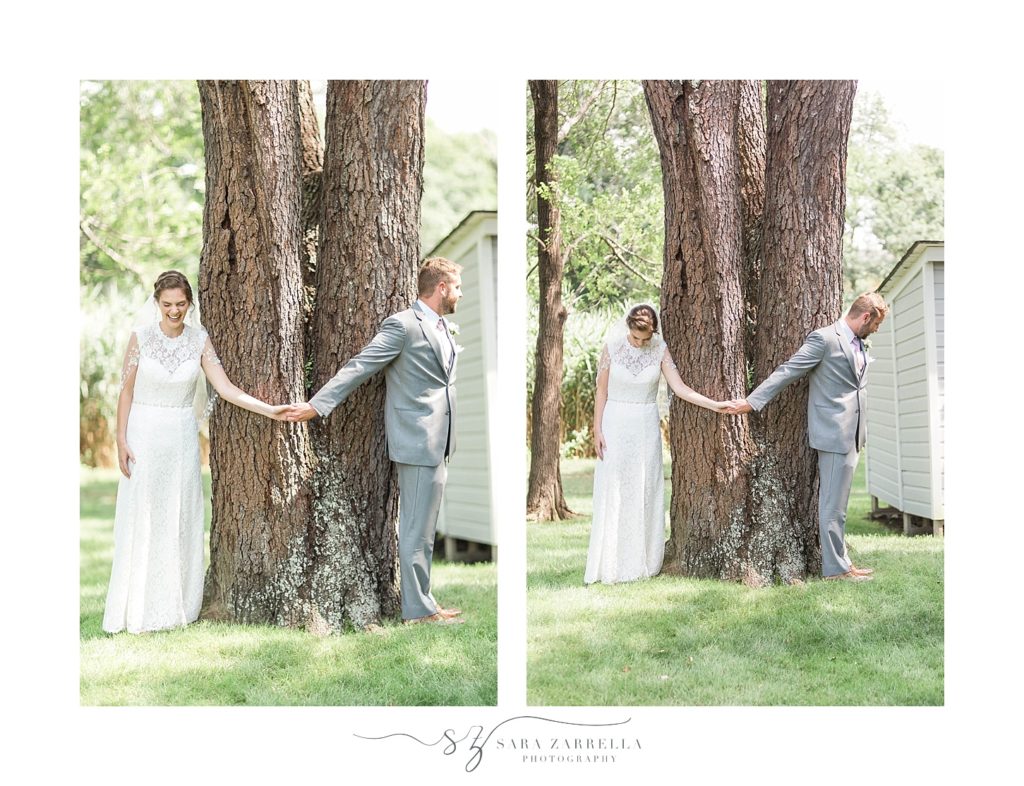 Rhode Island wedding day first touch photographed by Sara Zarrella Photography