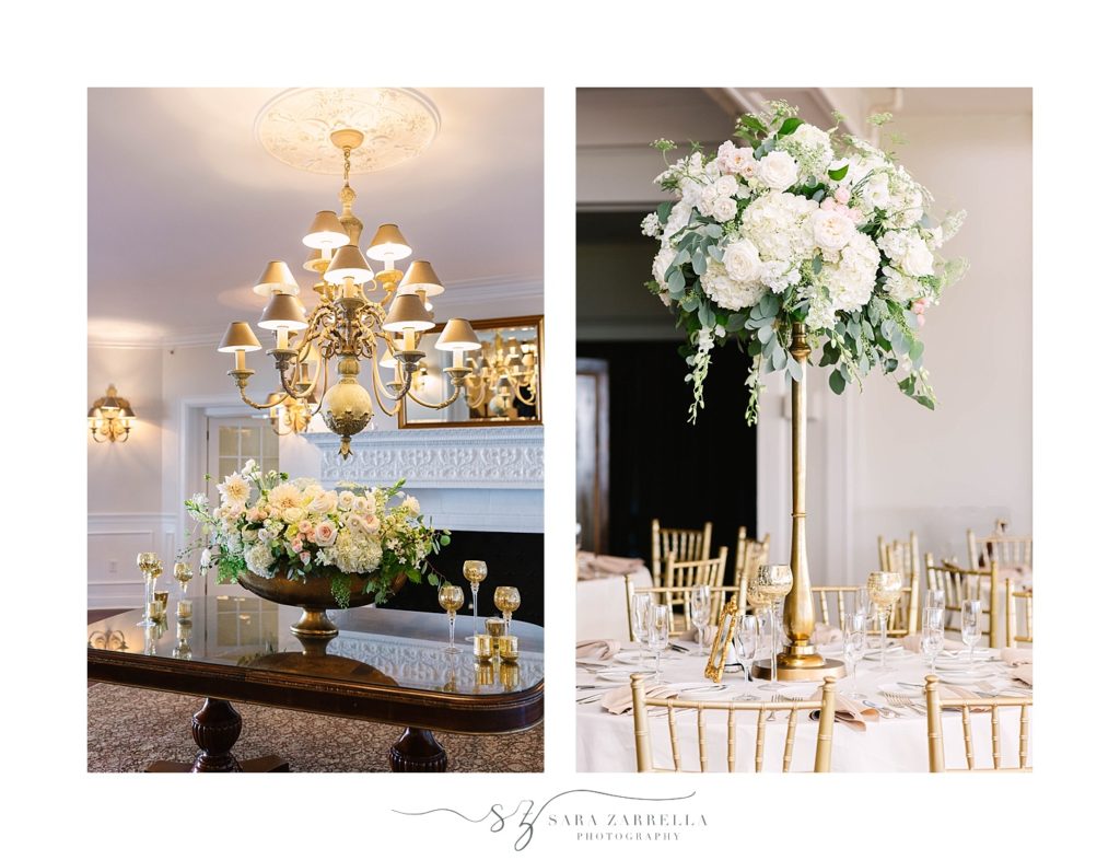 classic gold and white wedding reception details photographed by Sara Zarrella Photography