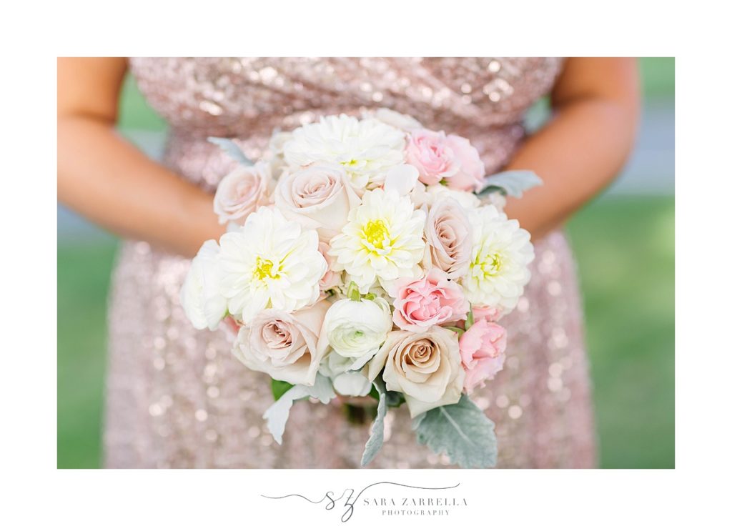 bridesmaid bouquet with pink and ivory florals photographed by Sara Zarrella Photography