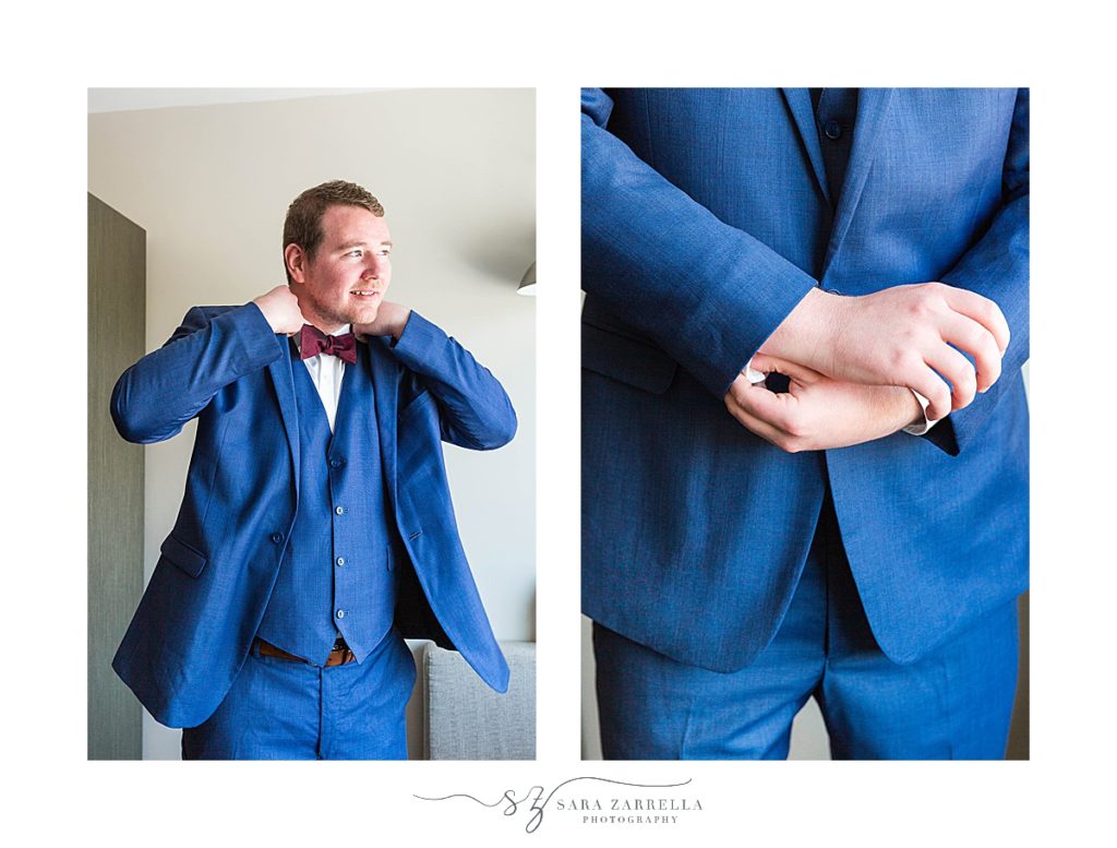 groom prepares for Regatta Place wedding in blue tux photographed by Sara Zarrella Photography