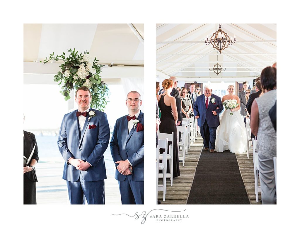 groom sees bride walk down the aisle with her father at Regatta Place photographed by Sara Zarrella Photography