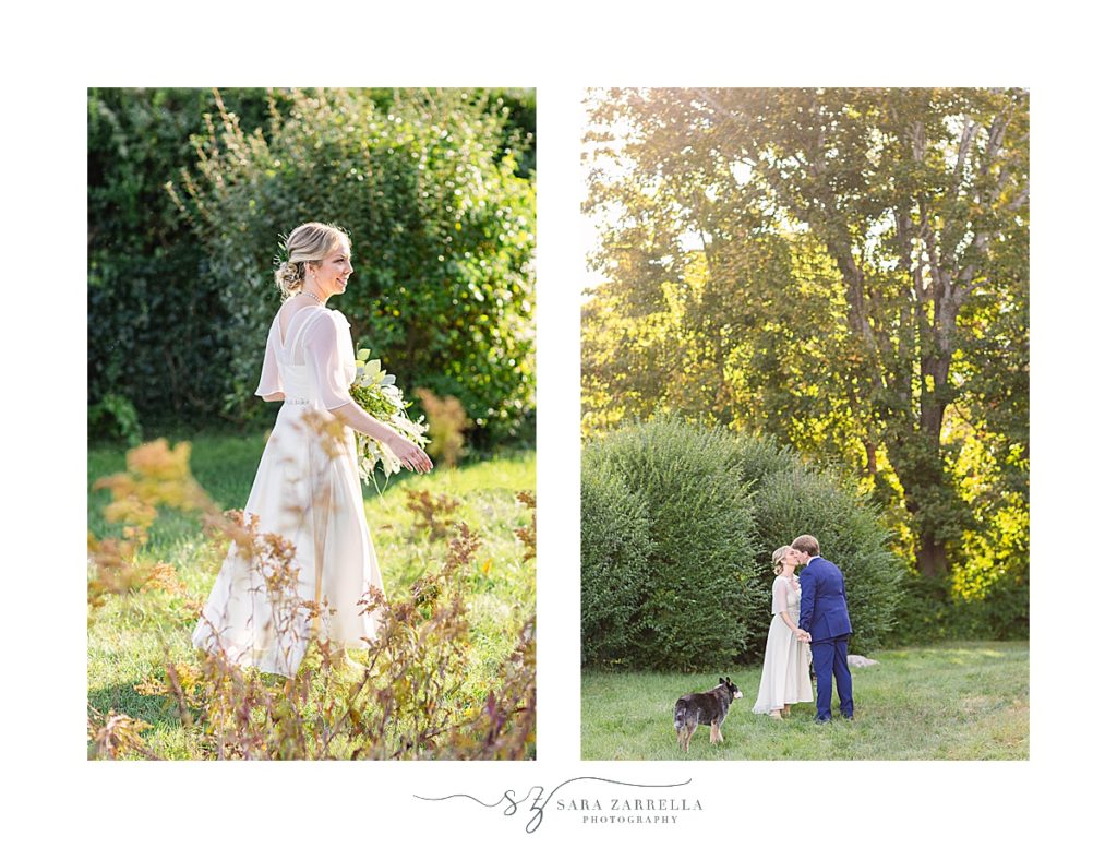 bride and groom with dogs pose in Westerly RI for Sara Zarrella Photography