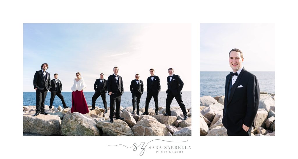 Sara Zarrella Photography photographs groomsmen on rocks along water in Rhode Island