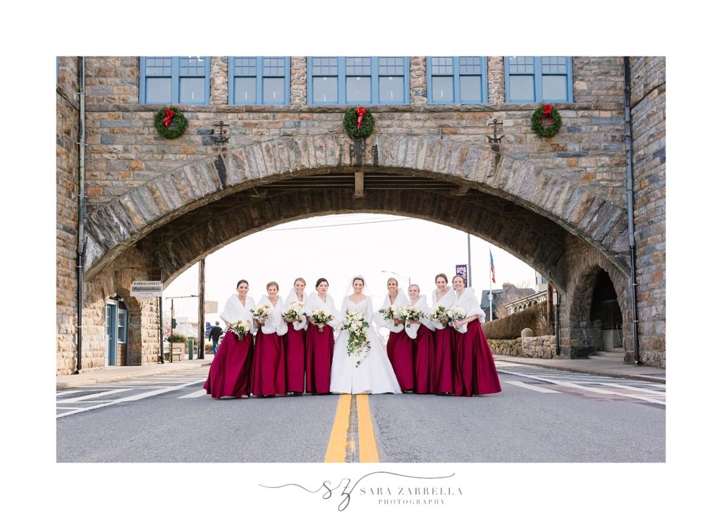 Sara Zarrella Photography photographs bridesmaids on street with bride