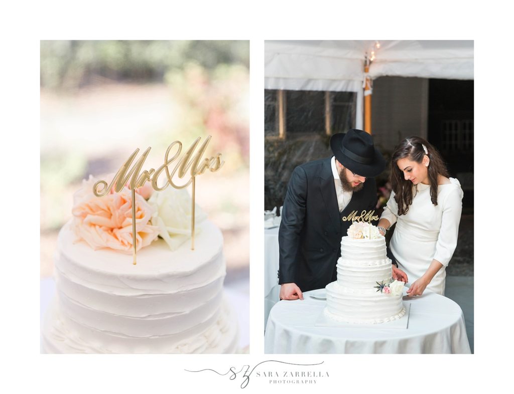 New England wedding photographer Sara Zarrella Photography captures bride and groom cutting wedding cake