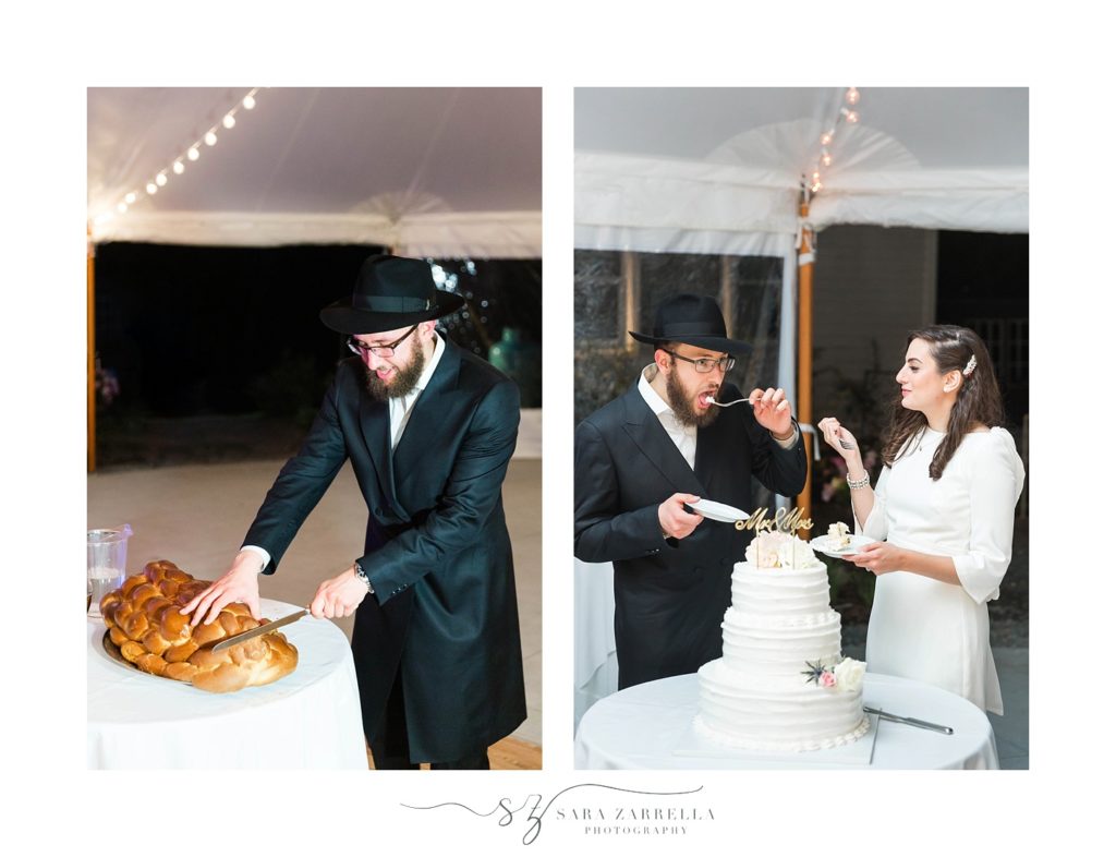 groom cuts challah bread and bride and groom enjoy cake photographed by Sara Zarrella Photography