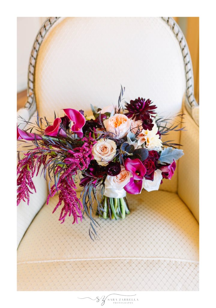 fall wedding bouquet with pink and red flowers by Sayles Livingston Designs