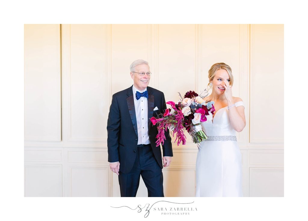 bride and father have emotional first look at Glen Manor House with Sara Zarrella Photography