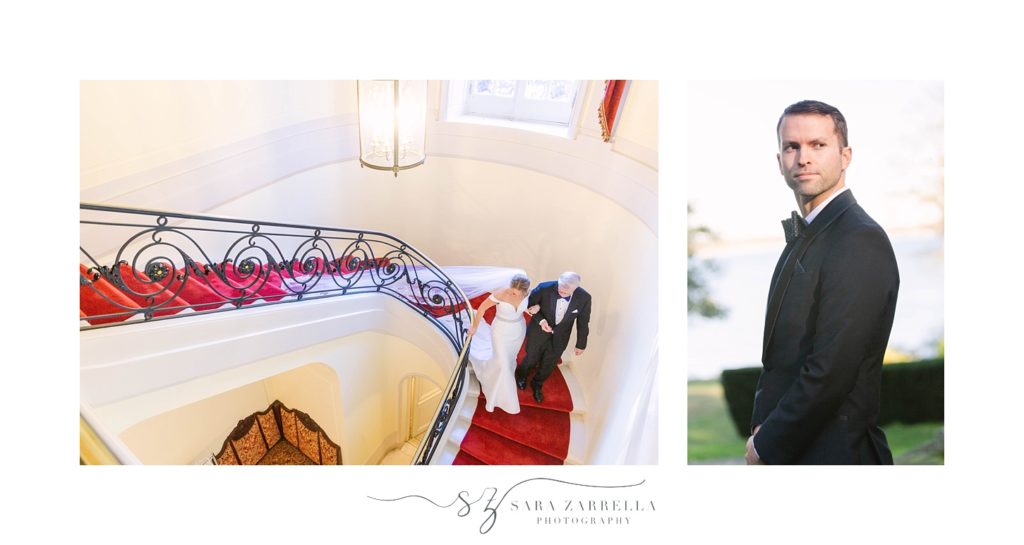 bride and father walk through Glen Manor House for ceremony photographed by Sara Zarrella Photography