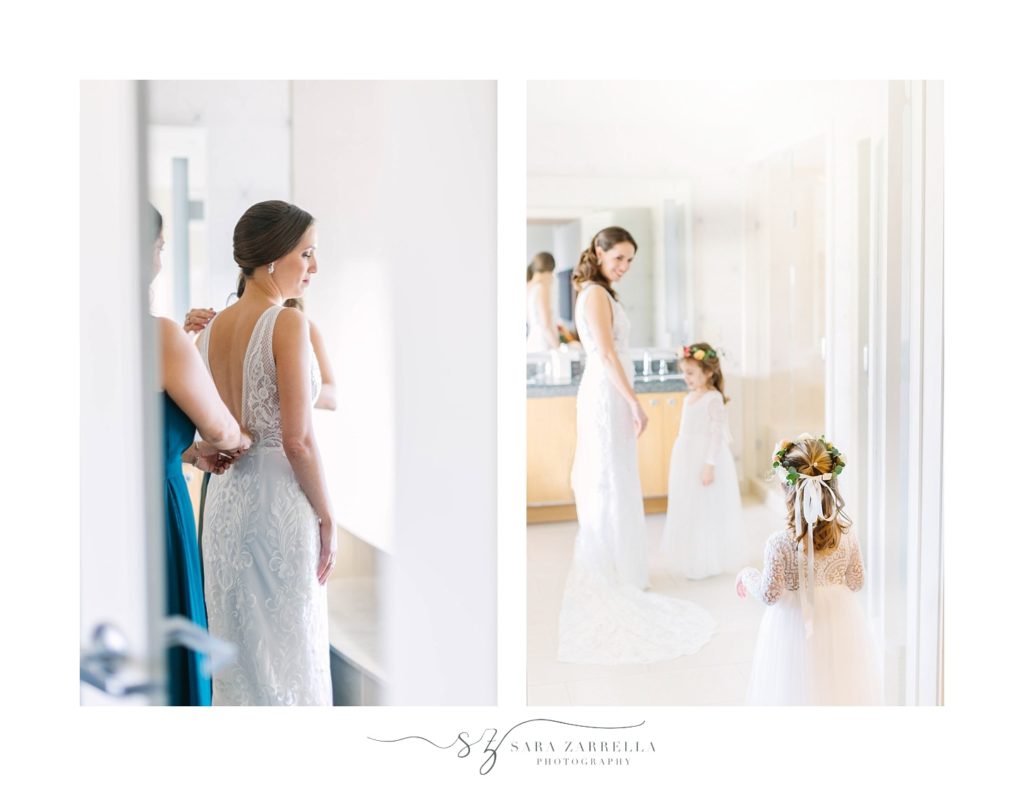 Sara Zarrella Photography photographs bride getting into wedding dress