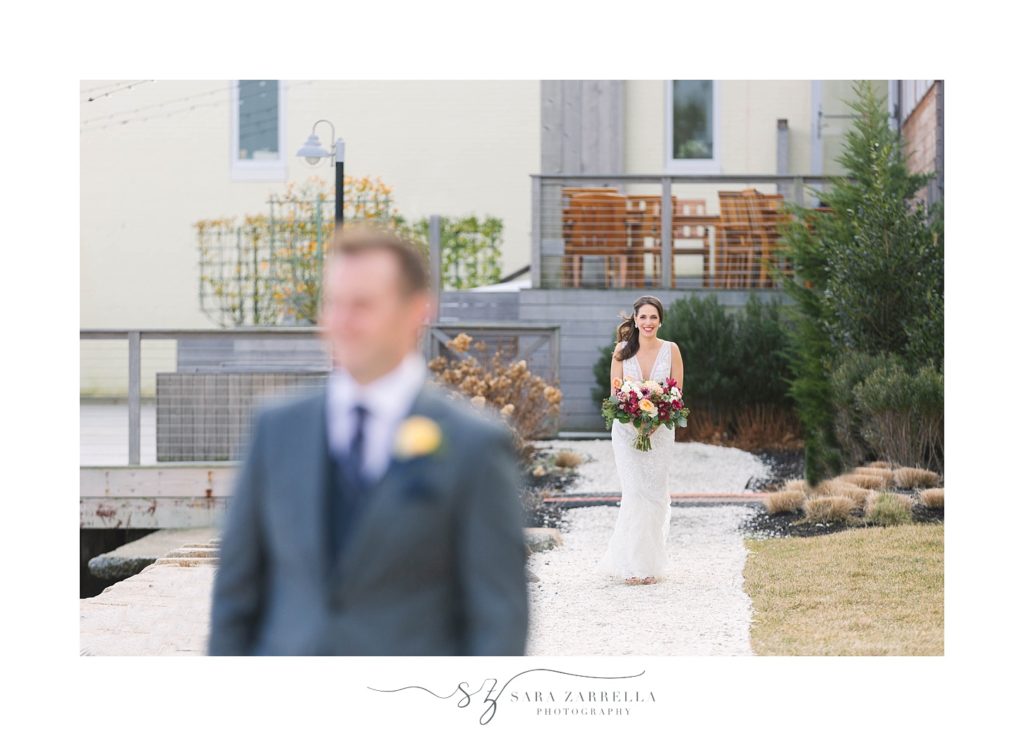 Sara Zarrella Photography photographs bride approaching groom for first look on Goat Island