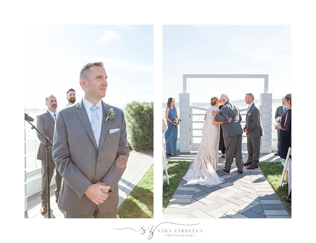 groom watches bride walk down aisle at Newport Beach House with Sara Zarrella Photography