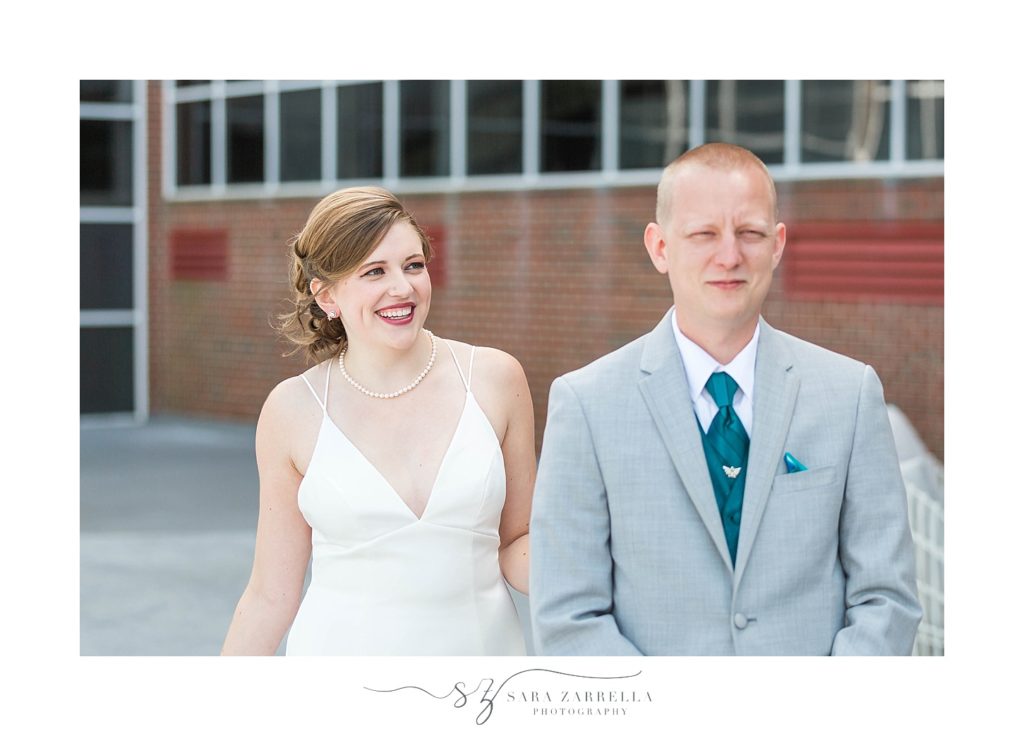 bride and groom before first look in Rhode Island with Sara Zarrella Photography