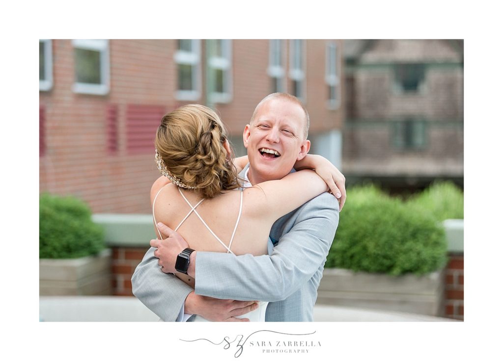 Sara Zarrella Photography captures bride and groom celebrating during first look